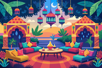 Moroccanthemed outdoor dinner with colorful cushions, low tables, and lanterns hanging from trees