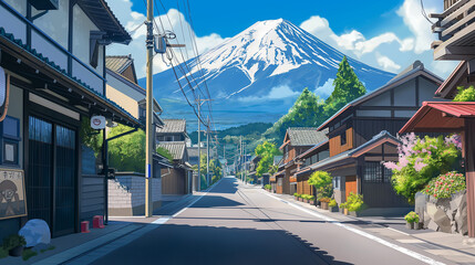 A beautiful street of an old Japanese town with small shops on both sides, majestic Mount Fuji background, anime artstyle, sunny day, lofi, cozy, sunny day, 16:9 4k resolution. Generative AI