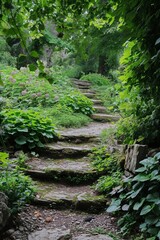 Mossy stone steps leading through a lush garden
