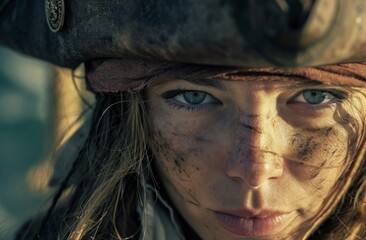 Intense gaze of a young woman with a weathered hat