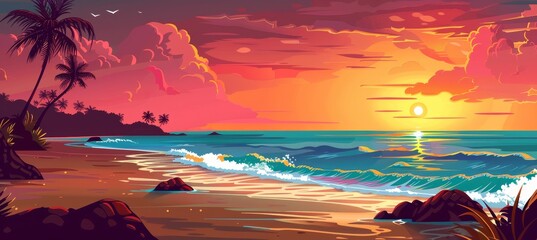 Tropical Beach Sunset with Palm Trees