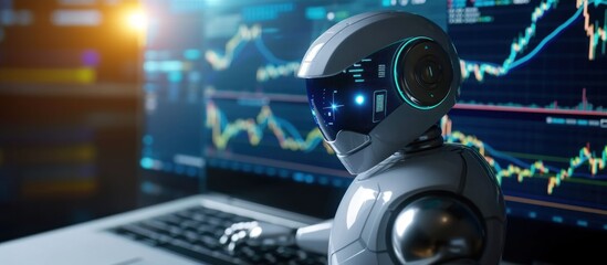 Technology concept. 3D render.A robot is looking at an analysis graph on a computer.