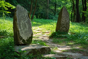 Ancient stone tablets along a forest path