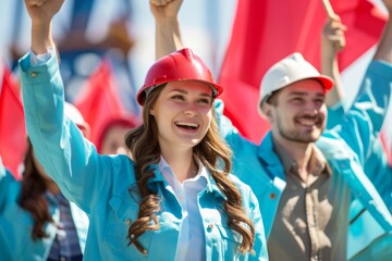 Labor day happy workers marching labour public event May 1 celebration banner demonstration worker activist crowd march solidarity union movement work employee equality equity ceremony public teamwork