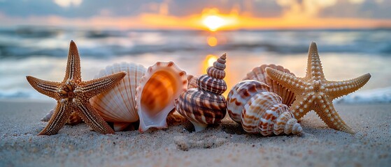 Starfish and seashells on seashore - beach holiday background. Generative AI.