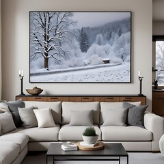 A living room with a large picture of a snowy scene.