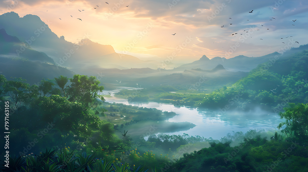 Wall mural A breathtaking landscape stretching as far as the eye can see, bathed in the soft hues of dawn or dusk.