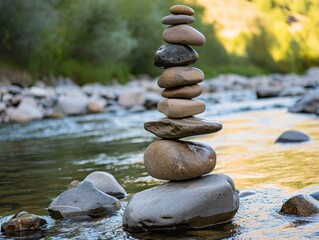Balanced stone pile by a tranquil river
