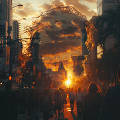 Double exposure of the Jesus silhouette , golden hour city street with people walking around