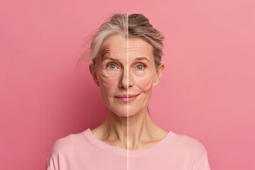 Educational well-being in aging stage portrait visualized through face lift techniques and resveratrol effects, enhancing health and aging senescent cell management.