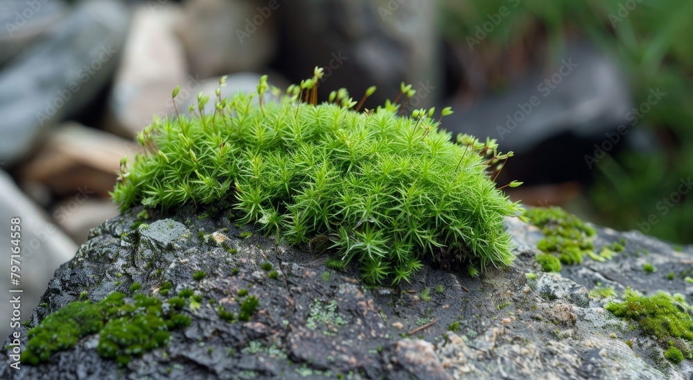 Wall mural Lush green moss growing on a rock in a natural setting