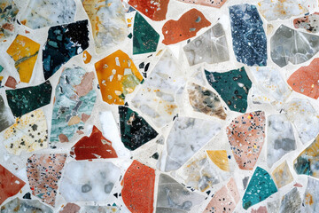 Textured surface of terrazzo flooring, featuring colorful aggregates embedded in a cement or resin base. Terrazzo textures offer a retro and eclectic backdrop, ideal for conveying a sense of nostalgia
