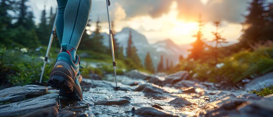 View from mountains - Hiking hiker traveler landscape adventure nature outdoors sport background panorama - Close up of feets with hiking shoes from a man or woman walking in the river