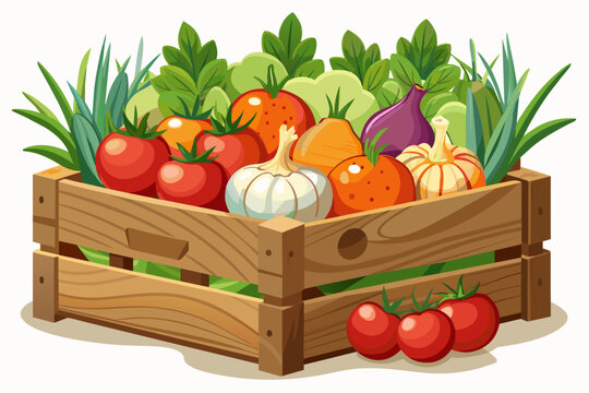 A weathered wooden crate filled with ripe tomatoes, onions, and garlic, freshly harvested from the garden