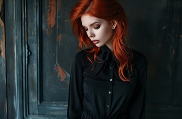 Elegant woman with red hair posing in a stylish black outfit