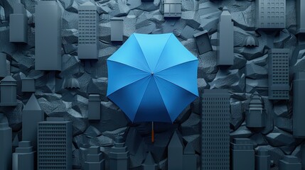 Blue umbrella on top of other gray umbrellas on city background