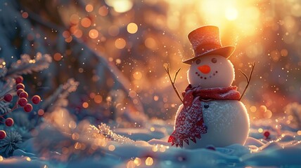Warm twilight surrounding a charming snowman adorned with a top hat