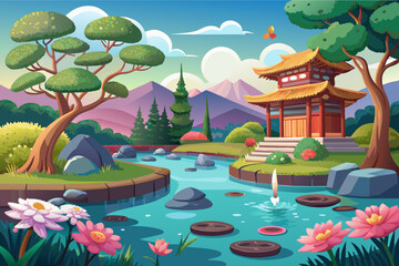 A tranquil Zen garden with koi pond, stepping stones, and manicured bonsai trees