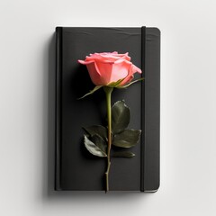 Pink rose resting on a closed black notebook