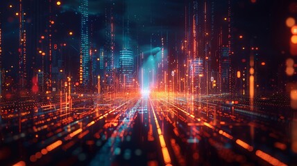 Obraz premium Futuristic cityscape with vibrant lights and data overlays