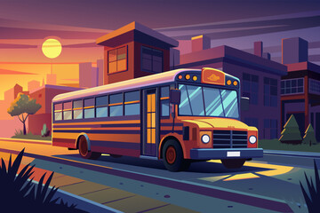 A school bus illuminated by the early dawn light, making its first stop of the day