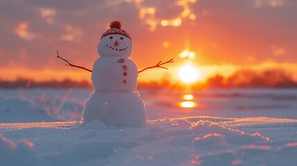 Snowy figure with twig arms outstretched facing the glow of sunrise