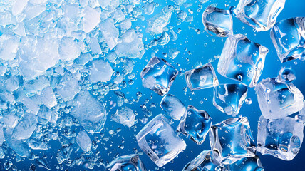 Long banner panorama of ice cubes with a blue background - top view, cold, fresh concept.