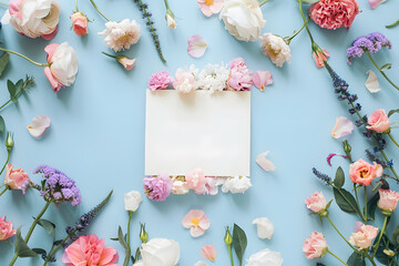 Stylish elegant flat lay pastel colors floristic greeting invitation post card, copy space mockup.