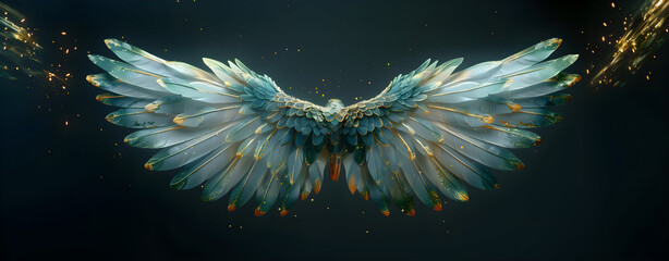 Obraz premium Angel wings, modern, colorful and arty interpretation of angel mythology, black background. A magic inspiration, beautiful mystic wall art, poster, tattoo template etc.