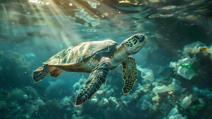 Fototapeta premium Sea turtle swimming amidst plastic waste in the depths of the ocean