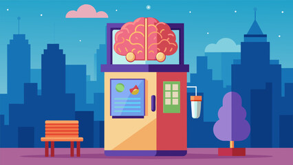 A popup brain vending machine in busy city areas offering quick and convenient boosts of brainpower for a small fee..