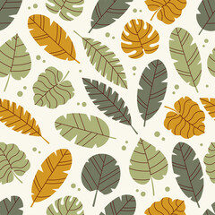 Obraz premium Floral tropical seamless pattern. Exotic plants in green and yellow colors. Background with monstera and banana leafs. Jungle illustration for design, print, fabric or background. Summer Time. Hawaii 