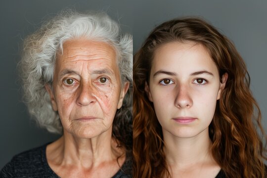 Aged skincare advancements in split photos boost aging skin care, merging anti-wrinkle treatments focused on improving skin appearance and resilience.