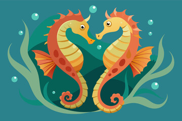 Fototapeta premium A pair of seahorses entwined together in a delicate courtship dance, their tails wrapped around each other as they swim in unison