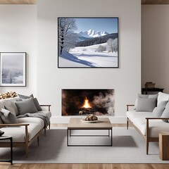 A living room with a large picture of a snowy scene.	