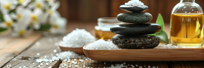 beauty treatment items for spa procedures on wooden table, massage stones, essential oils and sea salt