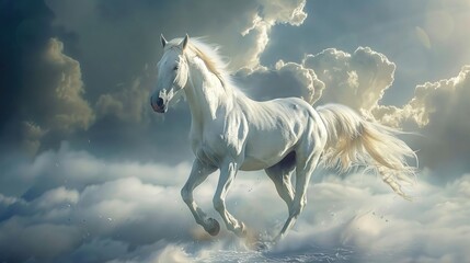 Craft an image of a breathtaking oil painting portraying the radiant beauty of a white horse with smooth and lustrous fur