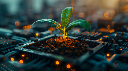 A terrestrial plant is emerging from a computer chip in the city