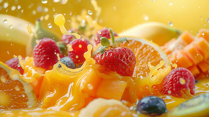 mixed fruit falling in colorful juices splashing 