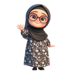 An adorable young Asian Muslim cartoon woman dressed in a stylish black dress with a white pattern is depicted making a friendly handshake gesture She accessorizes her look with glasses perc
