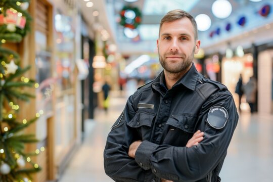 Security guard professional safety patrol man police employee mall safe business protect serve confident authority public space secure guarding agent staff shop convenience store grocery