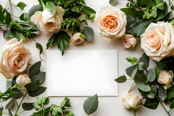 Stylish elegant flat lay feminine floristic greeting invitation post card, copy space mockup. - obrazy, fototapety, plakaty