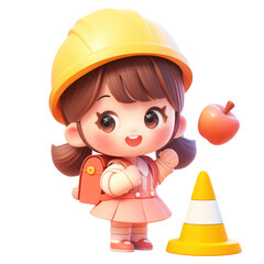 A cute cartoon girl with a backpack a bright yellow school cone and a crisp apple all set against a transparent background