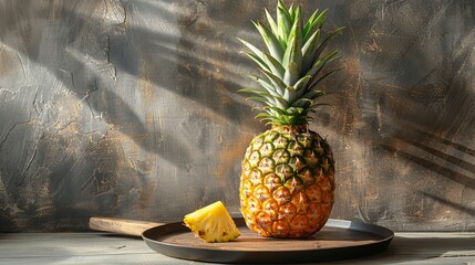 Dynamic food still life featuring pineapple on black plate with hard light and neutral tones