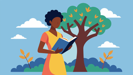 A woman reads aloud from a sacred book during a Juneteenth spiritual service with a painting of a tree representing strength and resilience behind. Vector illustration