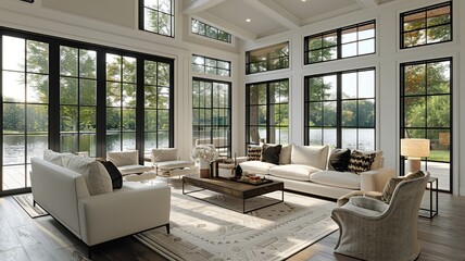 Spacious living room with plush seating and serene lake view through large windows