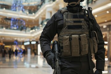 Security guard professional safety patrol man police employee mall safe business protect serve confident authority public space secure guarding agent staff shop convenience store grocery