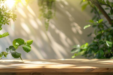 wood table background with sunlight window create leaf shadow on wall with blur indoor green plant foreground.panoramic banner mockup for display of product,warm tone lights - generative ai