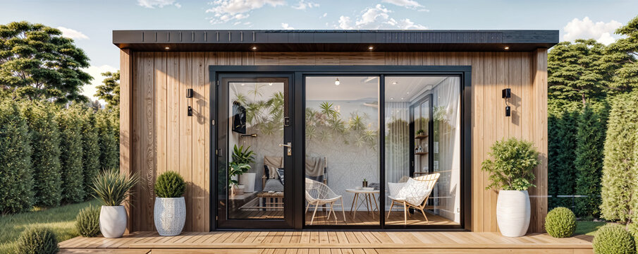 Modern Prefab Tiny Home with Glass Walls and Cozy Interior. Prefabricated Home Concept