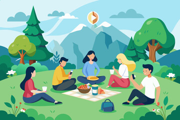 A group of people enjoying a picnic in a logo mockup-filled meadow